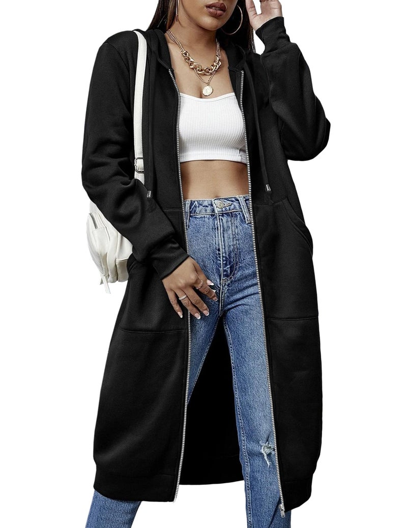 ELESOL Women's Long Tunic Hoodie Fleece Zip up Sweatshirt Casual Long Jacket with Pocket Black M - Image 1